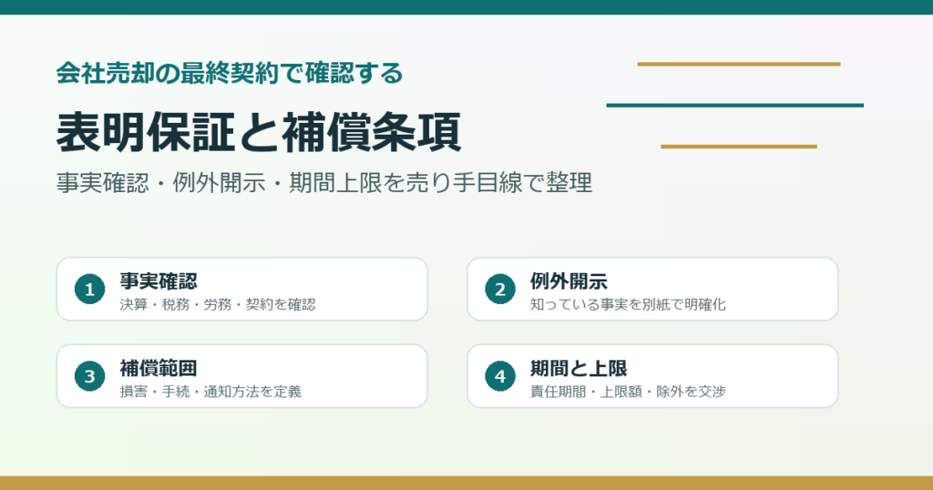 会社売却の最終契約で表明保証と補償条項を確認するための図