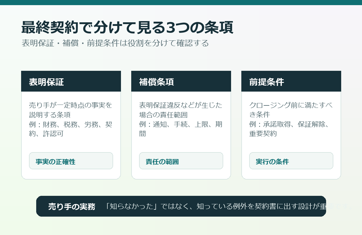 最終契約で確認する表明保証、補償条項、クロージング前提条件の役割を比較した図