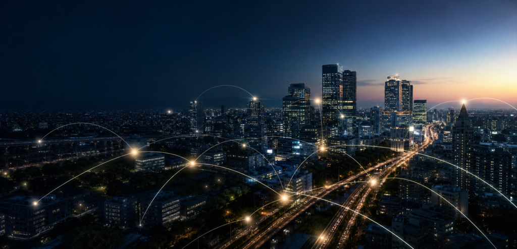 名古屋の都市圏に広がる買い手候補ネットワークを表す夜景イメージ