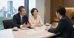 名古屋市内の会議室で事業承継と会社売却について相談する中小企業経営者