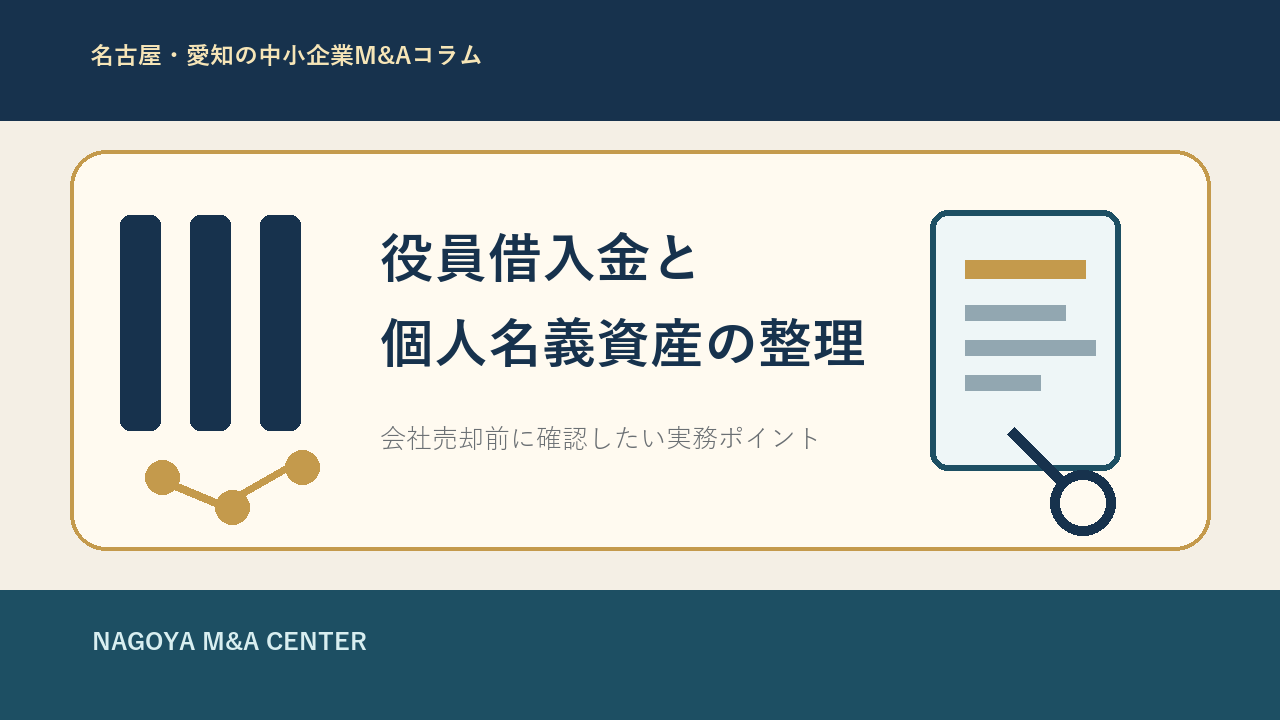 名古屋・愛知の中小企業M&Aコラム「名古屋・愛知の中小企業M&Aで役員借入金と個人名義資産を会社売却前にどう整理するか」のアイキャッチ画像
