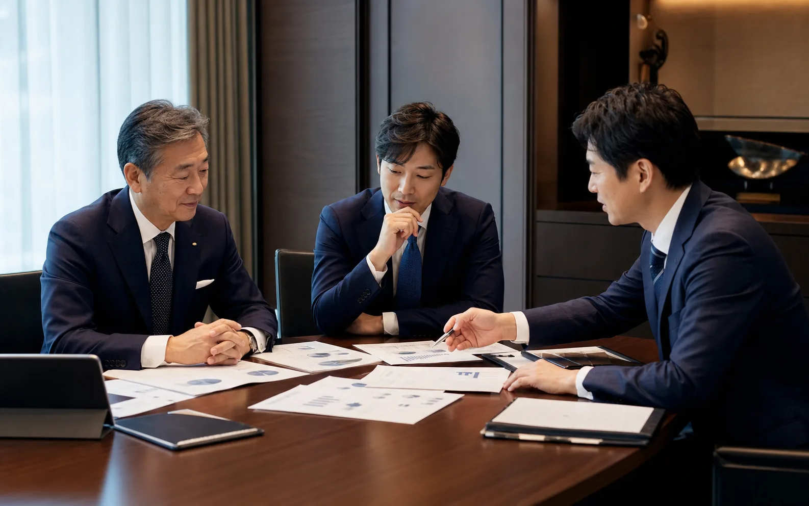 M&Aの資料を確認し会社の譲渡条件を整理する会議風景